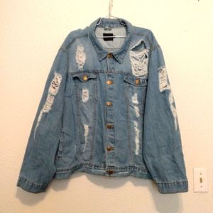 Boohoo Blue Distressed Denim Button Deep Pockets Jean Jacket sz 20